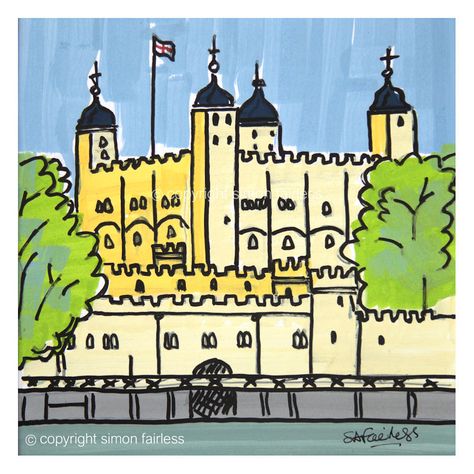 The Tower of London one of London's iconic landmark buildings. A pen and ink sketch from the Southbank of the Thames. I love London it's a great city, these sketches are often done very quickly on street corners as the world rushes by or I'll work from one of my photo images in the studio. I use a primary colour pallette to create a little naivety and fun the whole effect gives a wonderful feeling of freshness and immediacy to these works. London Sketch, London Urban, London Drawing, I Love London, London Painting, London Cityscape, London Icons, Skyline Painting, The Tower Of London