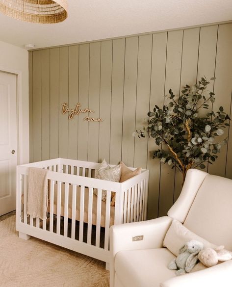 Nursery With Wood Wall, Wood Panelling Walls Nursery, Nursery Ideas Shiplap, Wood Panel Nursery Wall, Vertical Shiplap Wall Nursery, Green Shiplap Wall Nursery, Vj Panelling Nursery, Vertical Shiplap Nursery, Shiplap Baby Nursery