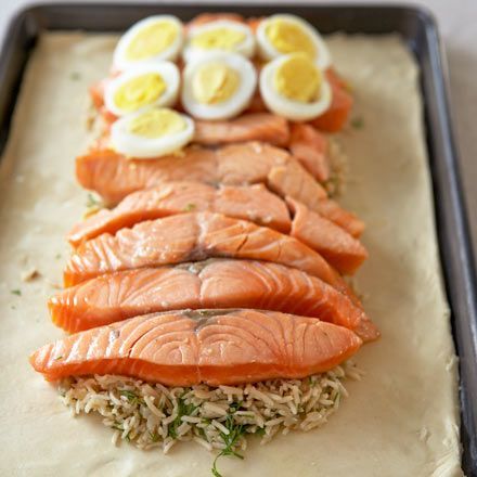 Calabrian Chili Salmon, Coulibiac Of Salmon, Salmon Coulibiac, Salmon En Croute Recipe Jamie Oliver, Salmon Coulibiac Mary Berry, Salmon Livornese, Party Centrepiece, Dinner Party Centerpieces, Kokanee Salmon