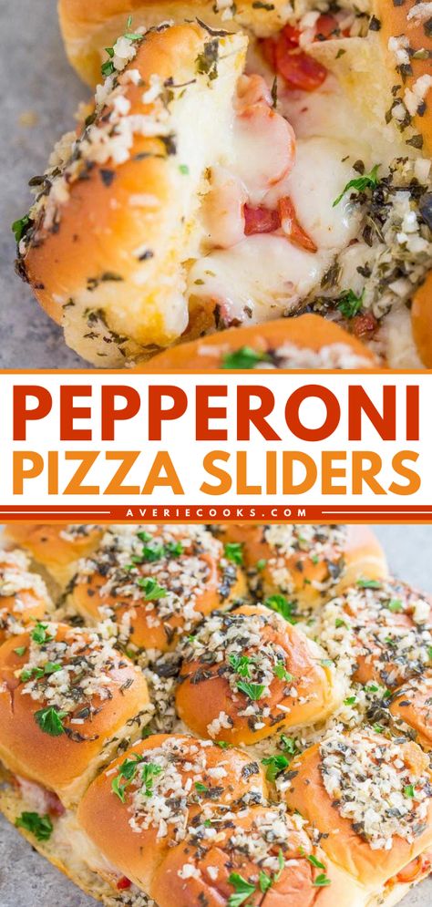 An easy slider recipe for a crowd! It's just in time for your tailgating party. Baked in Hawaiian rolls with Parmesan and loads of mozzarella, these cheesy pepperoni sliders are an irresistible football food idea. Everyone will love this game day appetizer! Gameday Foods Football, Quick And Easy Party Food Crowd Pleasers, Lunch Tailgate Food, Tailgate Food Recipes, Game Day Tailgate Food, Game Day Meals For A Crowd, Football Sundays Food, Sport Night Dinner, Football Game Snacks Tailgate Food