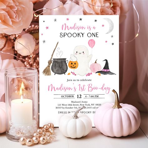 Editable Spooky One Ghost Birthday Invitation Pink Girl Ghost First Birthday Invite Pumpkin Halloween Party Digital Download A702 October 1st Birthday Girl, October First Birthday Girl, Spooky One First Birthday Girl, Halloween First Birthday Girl, First Birthday Halloween Theme, Pumpkin First Birthday Girl, Ghost First Birthday, Halloween Theme Birthday, Ghost Birthday