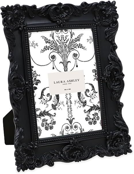 Amazon.com - Laura Ashley 4x6 Black Ornate Textured Hand-Crafted Resin Picture Frame with Easel & Hook for Tabletop & Wall Display, Decorative Floral Design Home Décor, Photo Gallery, Art, More (4x6, Black) Resin Picture Frame, Meaningful Photos, Black Velvet Fabric, Picture Frame Decor, Black Picture Frames, Small Pictures, Ornate Frame, Gallery Art, Baroque Fashion