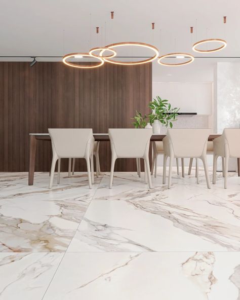 White Marble Tile Floor, Penthouse Ideas, Modern Floor Tiles, Living Room And Kitchen Design, White Marble Floor, Neoclassical Interior, White Marble Tiles, Small House Design Exterior, Aesthetic Living Room