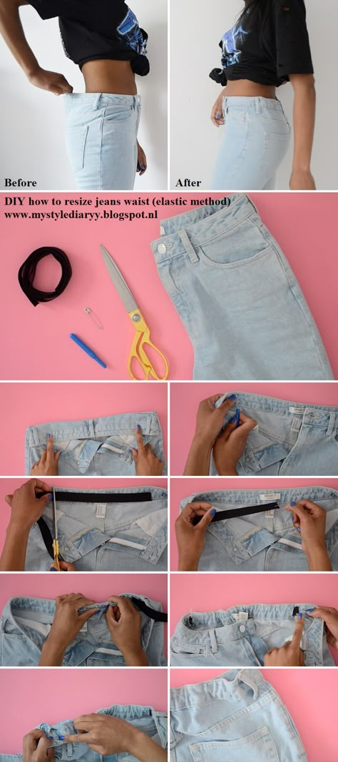 QUICK FIX HOW TO RESIZE YOUR JEANS WAIST how to take in jeans waist Elastic Waist Pants Diy How To Sew, Taking In The Waist Of Jeans, How To Make A Jean Fit Your Waist, How To Fix Elastic Waist Band, How To Take In Waist Of Pants, How To Add Elastic To Jeans Waistband, Add Elastic To Jeans Waist, Adding Elastic To Jeans Waist, How To Take In Waist Of Jeans