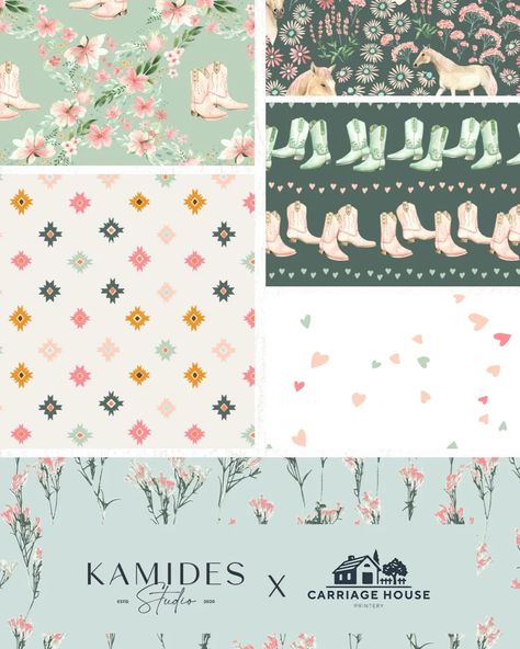 Horses and Wildflowers Western fabric collection "shine sweet country" available at @carriagehouseprinteryfabrics  #carriagehouseprintery #kamidesstudio #sewingideas #sewyourownclothes #fabriccollection #girlstshirt #shinecollection #printondemandfabruc Rachel Hill, Western Fabric, Sew Your Own Clothes, Hill Photography, Fabric Collections, Country Western, Fabric Collection, Girls Tshirts, Wild Flowers