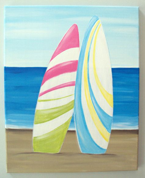 16x20 stretched canvas hand painted with acrylics. Two surfboards on the beach. Canvas sides are painted and comes ready to hang! :) Sin Pie, Surfboard Painting, Art Plage, Beach Paintings, Waterfall Pictures, Surfboard Wall Art, Waterfall Paintings, Surfboard Art, Beach Canvas