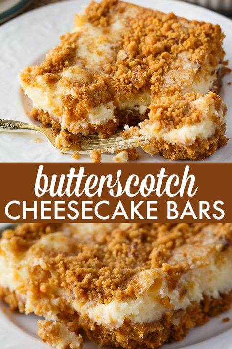 Butterscotch Cheesecake Bars - This cheesecake has a rich butterscotch base, smooth, creamy cheesecake filling and topped with some butterscotch crunch. Cheesecake Puffs, Butterscotch Cheesecake, Butterscotch Recipes, Dessert Cheesecake, Savory Cakes, Simply Stacie, Cheesecake Bar Recipes, Cheesecake Filling, Mexican Dessert