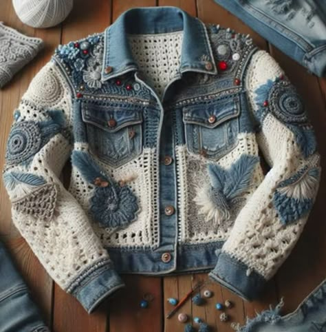 Crochet Jacket Pattern, Altered Couture, Denim Ideas, Denim Crafts, Embellished Denim, Denim Diy, Crochet Jacket, Jeans Diy, Denim And Lace