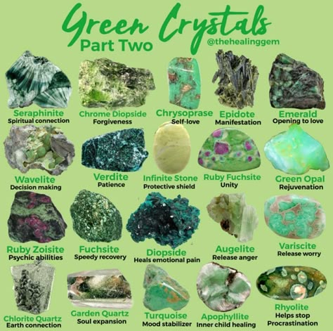 Rock And Crystal Crafts, Energy Stones Crystal Healing, Green Rocks, Crystal Identification, Raw Gemstones Rocks, Gemstones Chart, Crystal Healing Chart, Unique Crystals, Rocks And Fossils