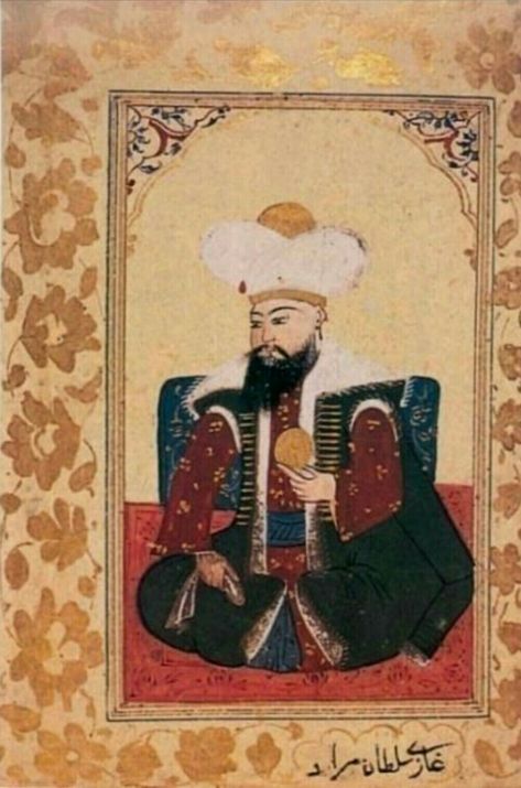 Elinde küre tutarak resmedilmiş I. Murad portresi, I. Ahmed Albümü, TSMK, B. 408, y. 7a, 16. yüzyıl son çeyreği Zuher Murad, Murat Abi Gf, Murad Saeed, Murat Pics, Sultan Murad, Ottoman Empire, Art Style, Ottoman, Baseball Cards