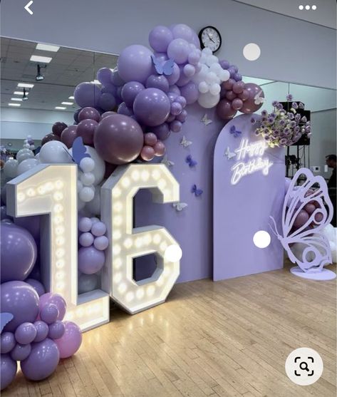 Sweet 16 Butterfly Theme Purple, Shades Of Purple Birthday Decorations, Shade Of Purple Party, Sweet 16 Purple Theme 16th Birthday, Balloon Arch Butterfly, Sweet 16 Arch Ideas, Sweet 16 Entryway Ideas, Purple Silver Sweet 16, Sweet 16 Marquee Numbers