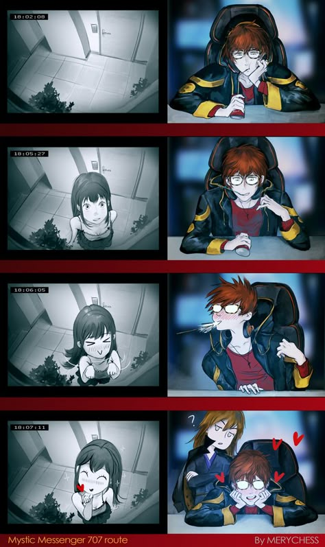 Saeyoung (Luciel/Seven/707/Defender of Justice) x MC Mystic Messenger 707 Route, 707 And Mc, Seven Mystic Messenger, Mystic Messenger Funny, Mystic Messenger Characters, Mystic Messenger Comic, Mystic Messenger Fanart, Saeyoung Choi, Mystic Messenger Memes