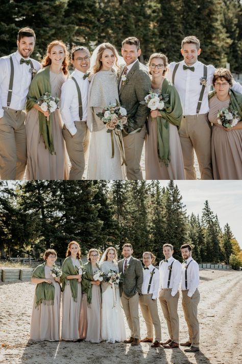 Groomsman Attire Sage Green, Suspenders And Bow Tie Wedding, Sage Green Khaki Wedding, Taupe Suit Wedding, Khaki And Sage Groomsmen, Bridesmaid Dresses Khaki, Taupe And Sage Wedding, Khaki And Sage Wedding, Safe Green Groomsmen