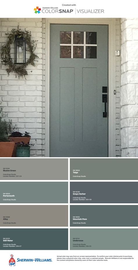 Front Door Colors For Cream Colored House, Gray Siding Door Color Ideas, Greenish Blue House Exterior, Cottage Outdoor Paint Colors, Green Exterior House Colors Farmhouse Sherwin Williams, Blue Green Grey Exterior House Colors, Craftsman House Paint Colors, Front Door Colors Interior Entryway, Magnolia Front Door Colors