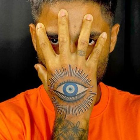 Evil Eye Tattoo Men, Eye Tattoo Men, Hand Eye Tattoo, Eye Tattoo Meaning, Third Eye Tattoos, Eye Tattoos, Evil Eye Tattoo, Omerta Tattoo, Team India