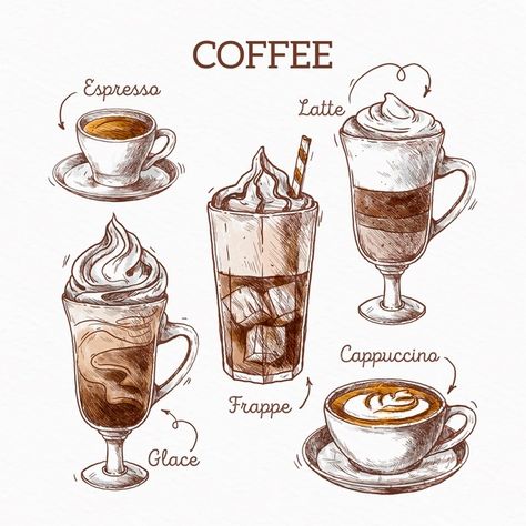 Coffee types illustration concept | Free Vector #Freepik #freevector #coffee #drink #cup #mug Coffee Watercolor, Types Of Coffee, Coffee Collection, Zestaw Ikon, Logo Retro, Coffee Drawing, Coffee Illustration, Type Illustration, Coffee Type