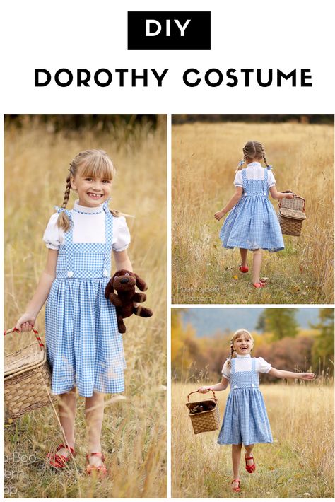 DIY Dorothy Costume - Peek-a-Boo Pages - Patterns, Fabric & More!  #wizardofoz #dorothycostumediy #dorothycostumetutorial Dorothy Costume Pattern Sewing, Dorothy Dress Pattern, Diy Dorothy Costume Kids, Dorothy Wizard Of Oz Costume Diy, Dorothy Diy Costume, Dorothy Costume Kids, Dorothy Costume Diy, Girls Dorothy Costume, Wizard Of Oz Costumes Diy