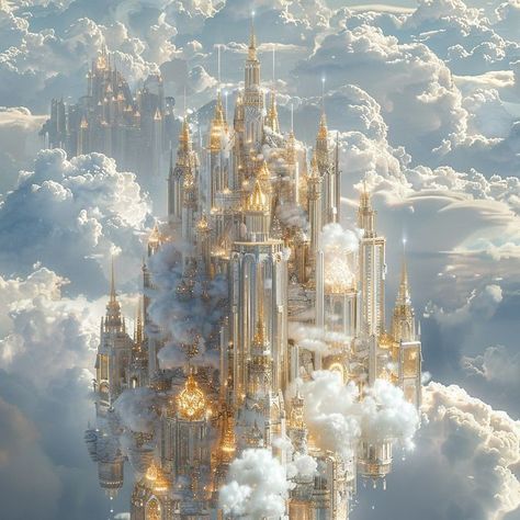 Heavenly Fantasy World, Heaven Castle Aesthetic, Castle In Clouds Aesthetic, What Heaven Looks Like, White Castle Fantasy Art, Sky Castle Aesthetic, Heaven Concept Art, Castle On Clouds, Heaven Castle