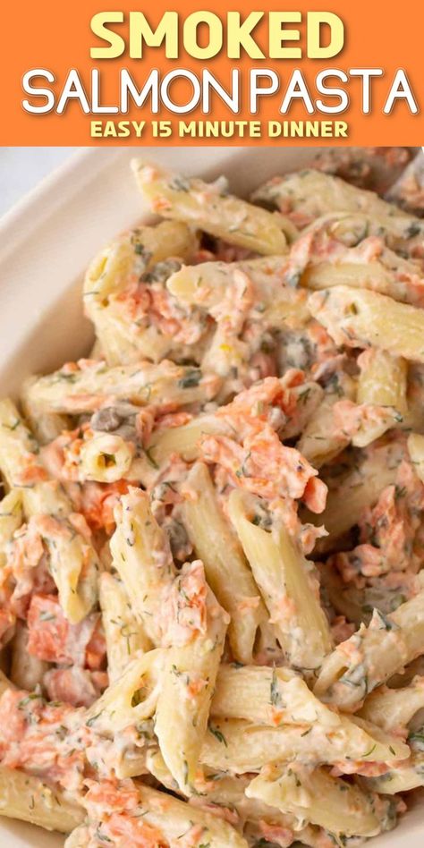 Pasta with creamy sauce and salmon with Pinterest overlay. Recipes With Cold Smoked Salmon, Cold Salmon Pasta Salad Recipes, Smoked Trout Pasta Recipes, Smoked Salmon Pasta Salad, Recipe With Smoked Salmon, Salmon Fettuccine Alfredo, Breakfast Pasta Recipes, Cold Smoked Salmon Recipes, Recipes With Smoked Salmon