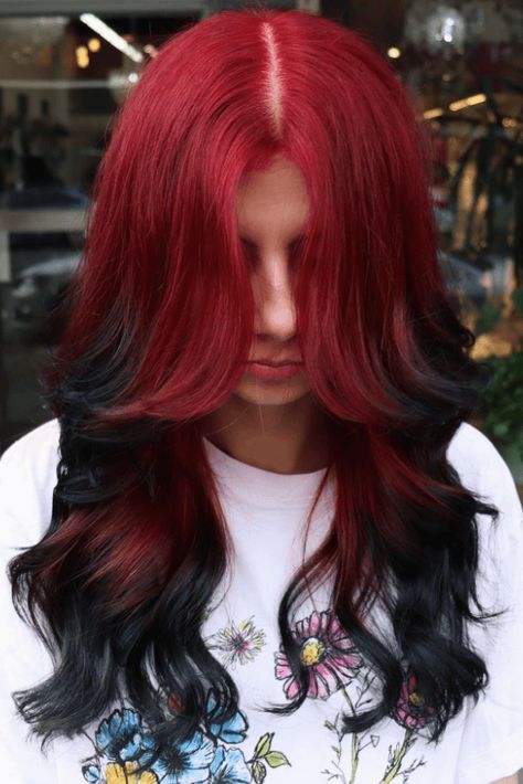 bold hair color, daring hair color, headturning hair Red Faded Hair, Red Hair With Black Ends, Black Hair With Red Roots, Red Shadow Root, Red Roots Black Hair, Black Roots Red Hair, Bold Hair Color Ideas, Halo Hair Color, Halo Hair Colors