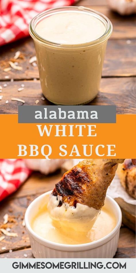 Did you know there was white BBQ Sauce? This twist on a traditional BBQ sauce is tangy, creamy and delicious. We love putting Alabama White BBQ Sauce on our grilled chicken, pulled pork, fish, burgers and lots more! #bbq #sauce Alabama White Bbq Sauce, Grilled Baked Potatoes, Pulled Pork Sauce, Fish Burgers, White Sauce Recipe, Grilled Chicken Legs, Alabama White Sauce, White Bbq Sauce, Delicious Dips