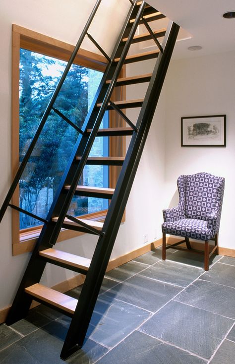 Attic Stairs Ideas and Inspiration | Hunker Attic Stairs Ideas, Attic Ladder Ideas, Small Space Staircase, Space Saving Staircase, Spiral Stairs Design, Loft Staircase, Small Staircase, Attic Staircase, Tiny House Stairs