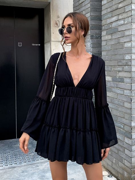 Missord Plunge Neck Frill Ruffle Hem Chiffon Dress Chiffon Beach Dress, Robes Glamour, Low Cut Dresses, Flare Long Sleeve, Chiffon Mini Dress, Plunging Neck, Flounce Sleeve, Mongolia, Types Of Dresses