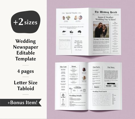 Wedding Program Template Editable Newspaper Template Wedding Decor Ideas Wedding Itinerary Template Wedding Canva Wedding Games Printable Magazine Wedding Program, Wedding Newspaper Template, Itinerary Wedding, Wedding Itinerary Template, Newspaper Wedding, Modern Wedding Program, Newspaper Wedding Programs, Wedding Wording, Wedding Game