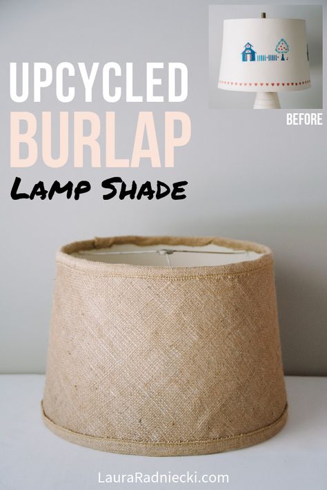 Wondering what to do with old lamp shades? Here is an upcycle DIY lampshade makeover using burlap! Easily cover a lamp shade in burlap (or other fabric using the same step-by-step technique with photos) and you've got a beautiful DIY burlap lamp shade that gives new life to an old lamp! #burlap #lampshade Lamp Shade Frame Diy, How To Recover A Lamp Shade With Fabric, Burlap Lampshade Diy, Redo Lamp Shade Diy, Diy Lamp Shade From Scratch, Jute Lamp Shade, Diy Lamp Shade Makeover, Lamp Shade Makeover, Making Lampshades