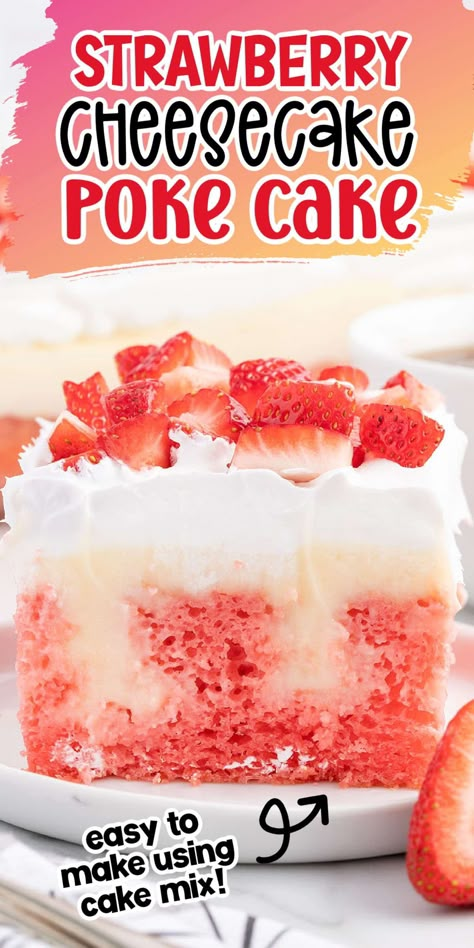 This Strawberry Cheesecake Poke Cake recipe is so simple to make using my favorite shortcuts to save time and an easy cake mix hack. Our strawberry cake is baked from a box, poked and infused with pockets of cheesecake pudding, covered with Cool Whip, then topped with fresh sliced strawberries before serving. Strawberry Lemonade Cream Cheese Poke Cake, Ooey Gooey Strawberry Cake, Quick Easy Few Ingredient Desserts, Homemade Strawberry Cake Mix Recipes, Strawberry Lemonade Poke Cake Recipe, Strawberry Shortcake Poke Cake Easy, Strawberry Cake Cool Whip Frosting, Strawberry Pudding Poke Cake, Strawberry Cake And Cheesecake