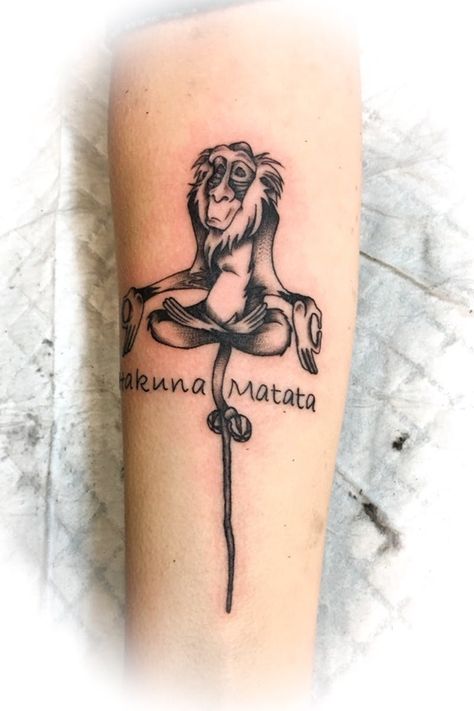 Blackwork rafiki and script on the forearm #rafiki #blackworktattoo #fonttattoos Rafiki Tattoo Ideas, Hand Forearm Tattoo, Rafiki Tattoo, Zombie Cakes, Bible Quote Tattoos, Tattoos Disney, Disney Sleeve Tattoos, Lion King Tattoo, Monkey Tattoos