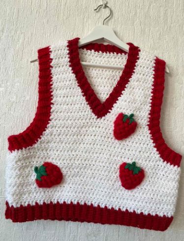 #Crochet Strawberry #Vest Christmas Vest Crochet, Strawberry Vest, White Knit Vest, Vest Crochet, Knit Items, Christmas Vest, Wool Gifts, Crochet Strawberry, Crochet Vest Pattern