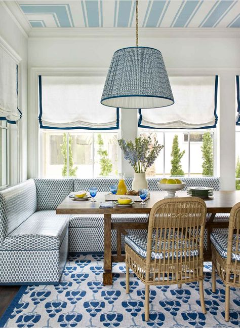 Striped Ceiling, Andrew Howard, Blue And White Decor, Dining Banquette, Kitchen Banquette, White Dining Room, Trestle Dining Tables, Southern Homes, Banquette Seating