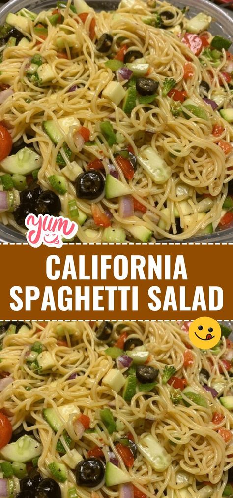 CALIFORNIA SPAGHETTI SALAD via @recipesforfamily12 California Spaghetti Salad Recipe, California Spaghetti Salad, California Pasta, California Spaghetti, California Salad, Spaghetti Pasta Salad, Spaghetti Salad, Italian Salad Dressing, Cold Pasta