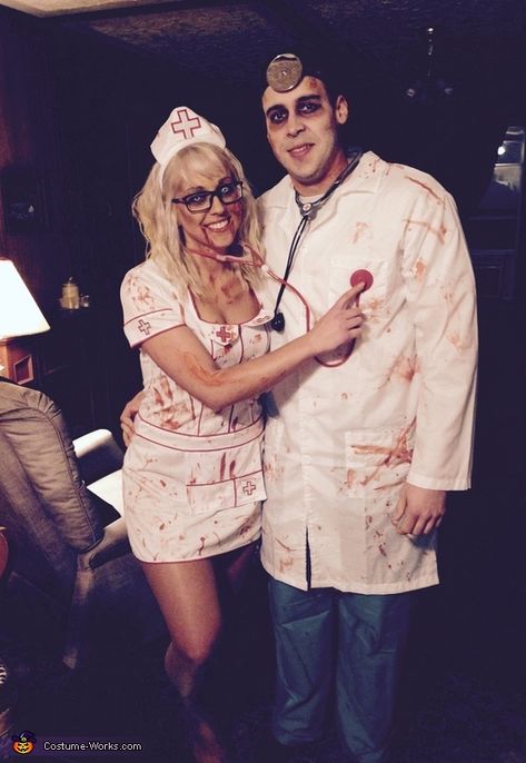 Halloween Costume Doctor, Halloween Nurse Costumes, Zombie Doctor Makeup, Zombie Doctor Costume, Doctor Halloween Costumes, Doctor And Nurse Couple Costume, Nurse And Doctor Costume Couple, Nurse And Patient Costume Couple, Scary Nurse Costume