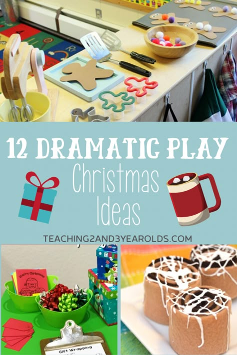 This collection of Christmas dramatic play activities is perfect for the holidays! Easy to set up in your home or classroom. Fun for the imagination! #dramaticplay #toddler #winter #christmas #preschool Christmas Playroom Ideas, Christmas Preschool Centers, Dramatic Play Activities Preschool, Playroom Stations, Christmas Dramatic Play Preschool, Dramatic Play Christmas, Christmas Dramatic Play, Christmas Ideas For Kids, Play In The Classroom