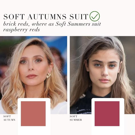 Soft Autumns suit brick reds whereas Soft Summers suit raspberry reds. Dakota Johnson Soft Summer, Red For Soft Summer, Smoky Soft Summer, Soft Summer Style Outfits, Soft Summer Red Lipstick, Soft Summer Vs Soft Autumn, Soft Summer Red, Soft Autumn Makeup Looks, Soft Summer Hair Color