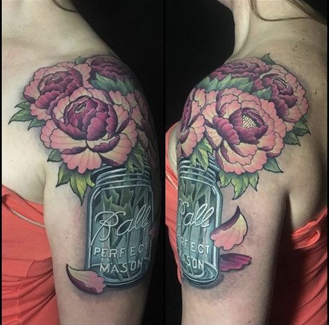 Mason Jar Flower Tattoo, Mason Jar Tattoo, Jar Tattoo, 24 Tattoo, 2024 Tattoo, Colour Tattoo For Women, Colour Tattoo, Ink Well, Floral Tattoo Sleeve