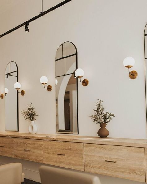 Beauty Room Lighting, Salon Openings Available, Private Salon Room, Floating Salon Stations, Minimal Salon Design, Neutral Salon Ideas, Dream Hair Salon, Modern Organic Salon, Scandinavian Salon Design