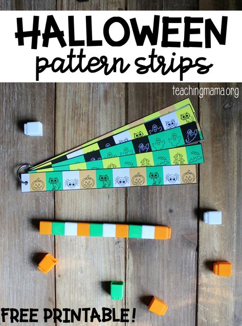 Halloween pattern strips Kindergarten Pattern Art, Halloween Math Activities Kindergarten, Halloween Math Stations, Math Patterns Activities, Halloween Kindergarten Activities, Kinder Math Centers, Patterning Kindergarten, Halloween Lesson Plans, Halloween Centers