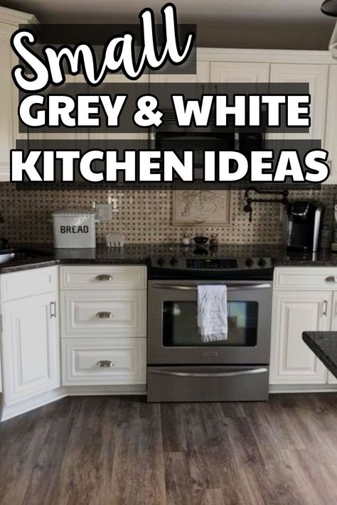 Small kitchen ideas - love these grey and white kitchens especially this tiny kitchen makeover with dark countertops and white cabinets! Kitchen Grey White Black, Small Kitchen Ideas Grey And White, White Kitchen Grey Countertops, Gray White Kitchen Ideas, Black White And Grey Kitchen Decor Ideas, White Kitchen Cabinets With Dark Countertops, Black Gray And White Kitchen, White Cabinets Grey Walls, Black White And Grey Kitchen Ideas