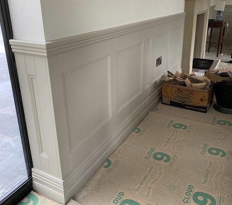 Painted Wooden Panelling, Bead Panelling, Beaded Panelling, Beaded Wall Panelling, Sage Wood Panelling, Pannel Painting Wood Paneling Half Wall, Pannelling With Shelf, Hallway Colours, Timber Panelling