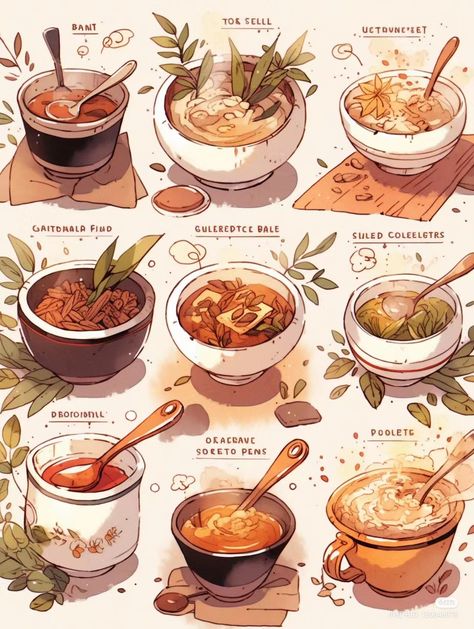 Fantasy Food Drawing, Worldbuilding Food, Sci Fi Food Concept Art, Asian Food Drawing, Fantasy Food Concept Art, Fantasy Food Art, Fantasy Cooking, Chibi Food, Cooking Mama