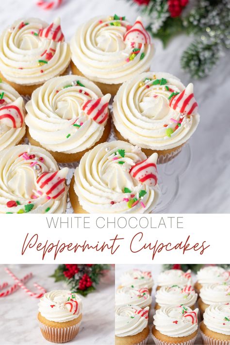 White Chocolate Peppermint Frosting, White Chocolate Peppermint Buttercream, Peppermint Cupcake Recipe, Christmas Inspired Cupcakes, Christmas Desserts Cupcakes, Winter Cupcake Recipes, White Chocolate Peppermint Cupcakes, Vanilla Christmas Cupcakes, Peppermint Cupcakes Christmas