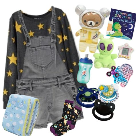 Blue Kidcore Outfit, Saturn Outfit Aesthetic, Littleforbig Outfits, Space Grunge Outfits, Cute Childish Outfits, Space Clothes Drawing, Lil Space Outfits, Little Boy Space Aesthetic, Age Re Outfits