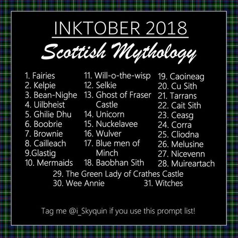 Scottish Mythology prompt by @i_Skyquin Fantasy Drawing Prompts, Inktober List, Inktober Prompts, Comics Sketch, Sketchbook Prompts, 30 Day Art Challenge, Drawing Challenges, 30 Day Drawing Challenge, Prompt List