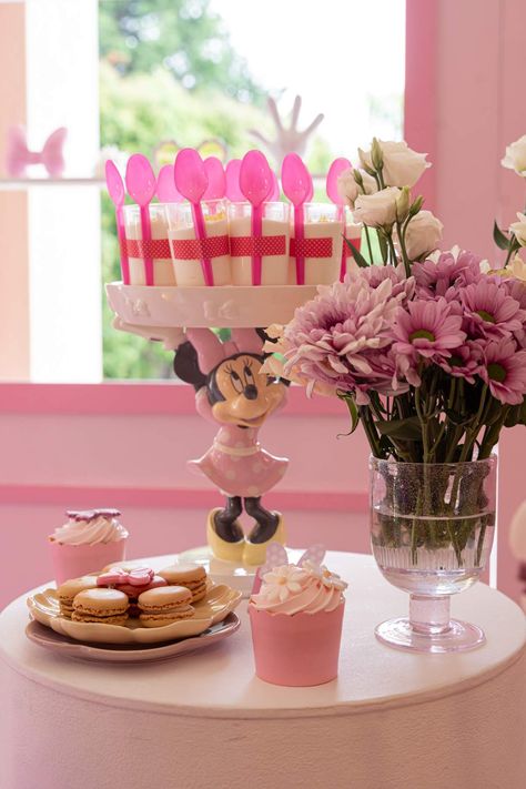 Minnie Garden Birthday Party  | CatchMyParty.com Minnie Mouse Tea Party Birthday, Minnie Mouse Dessert Table Ideas, Minnie Mouse Dessert Table, Minnie Mouse Tea Party, Mouse Tea Party, Minnie Mouse Birthday Party Ideas, Garden Birthday Party, Birthday Mickey Mouse, Mouse Photos