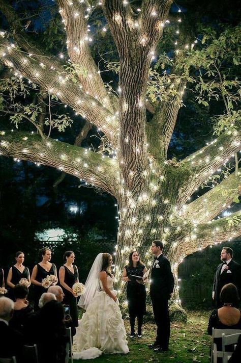 Night Wedding Ceremony, Outdoor Night Wedding, Night Wedding Photos, Romantic Backyard, Fairy Lights Wedding, Starry Night Wedding, Wedding Ceremony Ideas, Sparkle Wedding, Outdoor Wedding Decorations