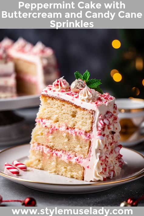 A delightful peppermint cake with creamy buttercream frosting and a sprinkling of candy cane pieces ideal for Christmas and winter celebrations! Christmas Cake Frosting, Peppermint Frosting, Crushed Candy Cane, Peppermint Cake, Peppermint Syrup, Christmas Peppermint, Cake With Buttercream, Festive Desserts, Sheet Cake Recipes