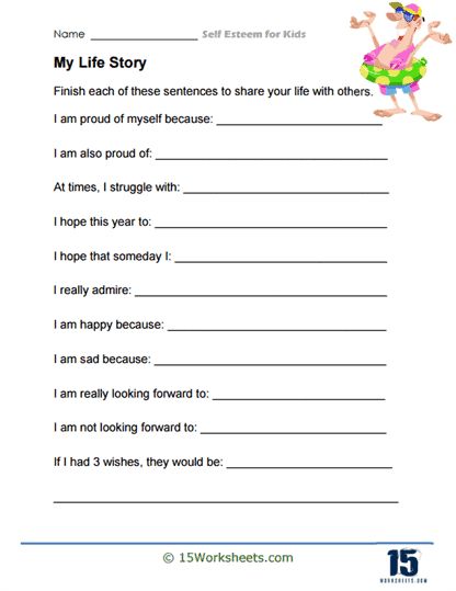 Story Worksheet, My Life Story, Self Esteem Worksheets, Self Esteem Activities, Small Group Activities, Personal Narrative, Funny Positive Quotes, Preschool Printable, Therapy Worksheets